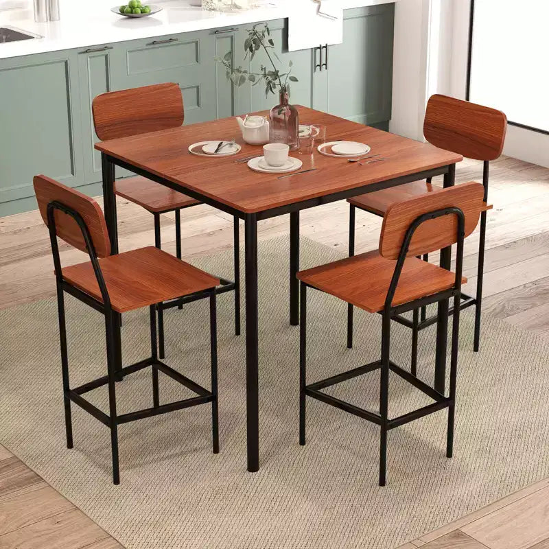 Ensemble de table à manger industrielle Costway 5 pièces avec table hauteur comptoir et 4 tabourets de bar Noir/Gris/Noyer