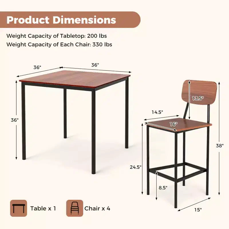 Ensemble de table à manger industrielle Costway 5 pièces avec table hauteur comptoir et 4 tabourets de bar Noir/Gris/Noyer