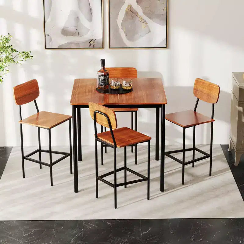 Ensemble de table à manger industrielle Costway 5 pièces avec table hauteur comptoir et 4 tabourets de bar Noir/Gris/Noyer