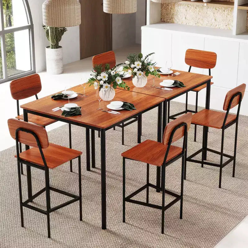 Ensemble de table à manger industrielle Costway 5 pièces avec table hauteur comptoir et 4 tabourets de bar Noir/Gris/Noyer