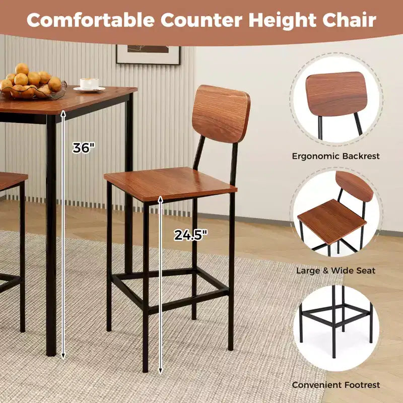 Ensemble de table à manger industrielle Costway 5 pièces avec table hauteur comptoir et 4 tabourets de bar Noir/Gris/Noyer
