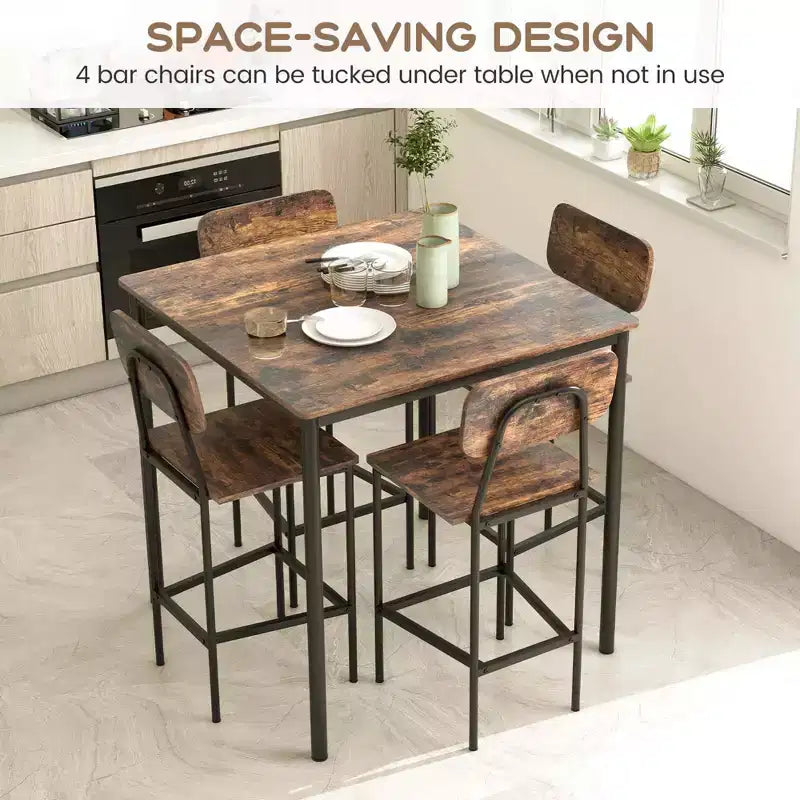 Ensemble de table à manger industrielle Costway 5 pièces avec table hauteur comptoir et 4 tabourets de bar Noir/Gris/Noyer