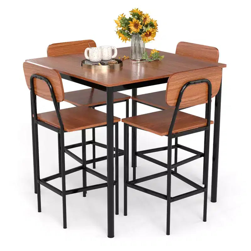 Ensemble de table à manger industrielle Costway 5 pièces avec table hauteur comptoir et 4 tabourets de bar Noir/Gris/Noyer
