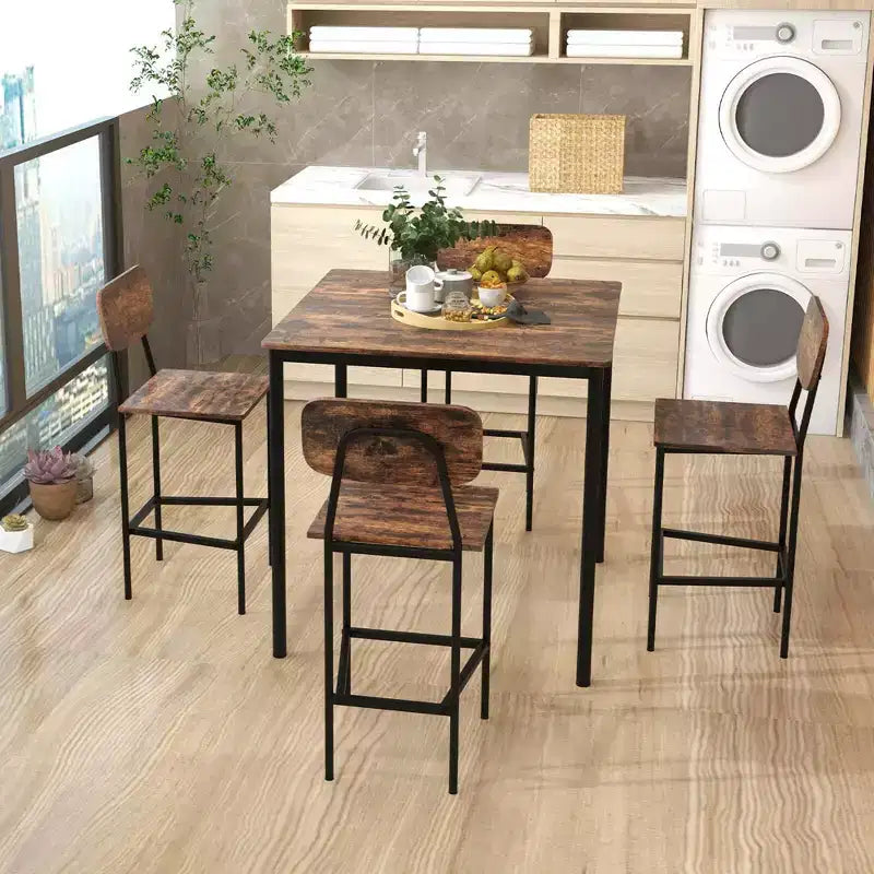 Ensemble de table à manger industrielle Costway 5 pièces avec table hauteur comptoir et 4 tabourets de bar Noir/Gris/Noyer