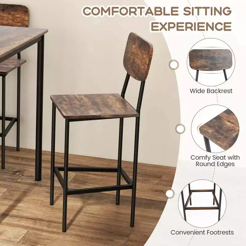 Ensemble de table à manger industrielle Costway 5 pièces avec table hauteur comptoir et 4 tabourets de bar Noir/Gris/Noyer