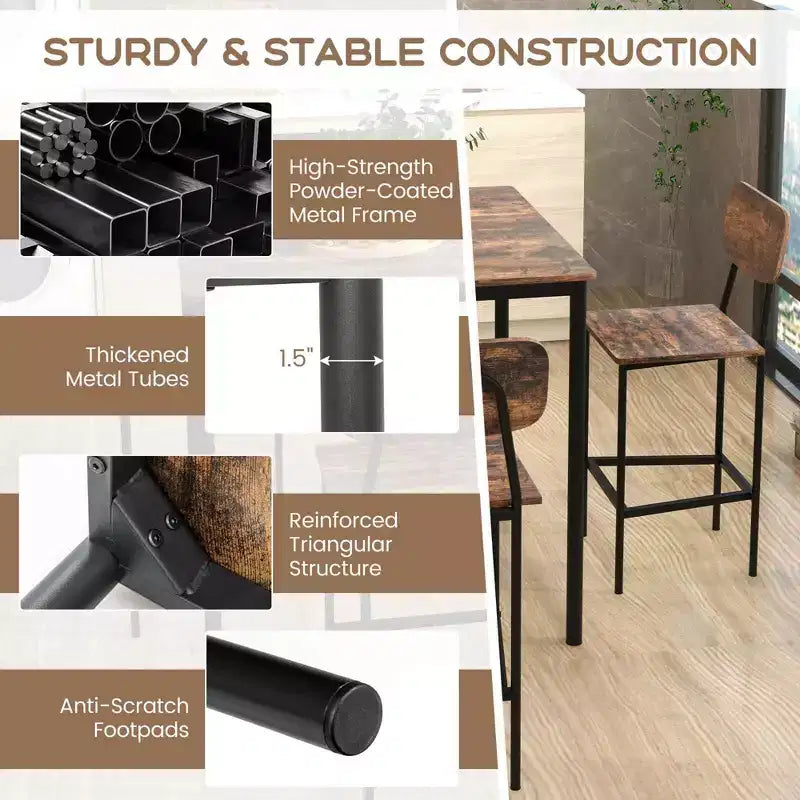 Ensemble de table à manger industrielle Costway 5 pièces avec table hauteur comptoir et 4 tabourets de bar Noir/Gris/Noyer