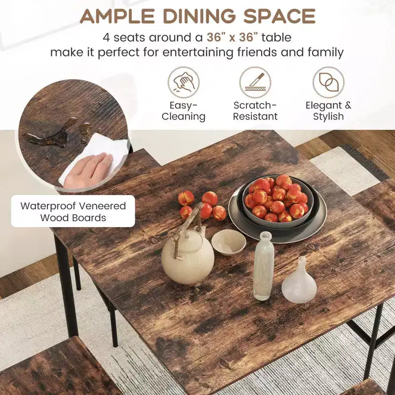 Ensemble de table à manger industrielle Costway 5 pièces avec table hauteur comptoir et 4 tabourets de bar Noir/Gris/Noyer
