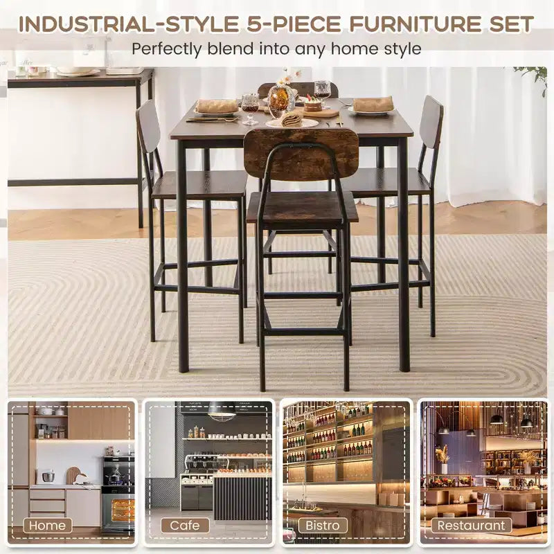 Ensemble de table à manger industrielle Costway 5 pièces avec table hauteur comptoir et 4 tabourets de bar Noir/Gris/Noyer