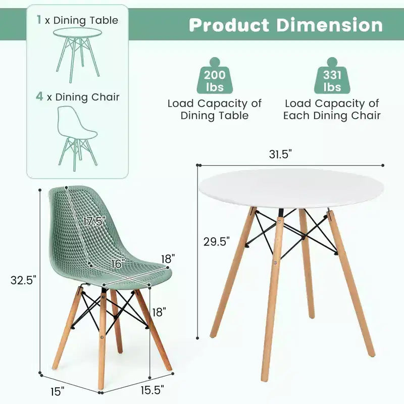 Costway Ensemble Table et Chaises de Salle à Manger 5 Pièces pour 4 Personnes, Table Ronde et 4 Chaises Modernes avec Pieds en Bois Vert/Blanc