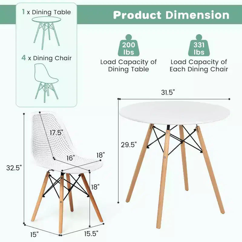 Costway Ensemble Table et Chaises de Salle à Manger 5 Pièces pour 4 Personnes, Table Ronde et 4 Chaises Modernes avec Pieds en Bois Vert/Blanc