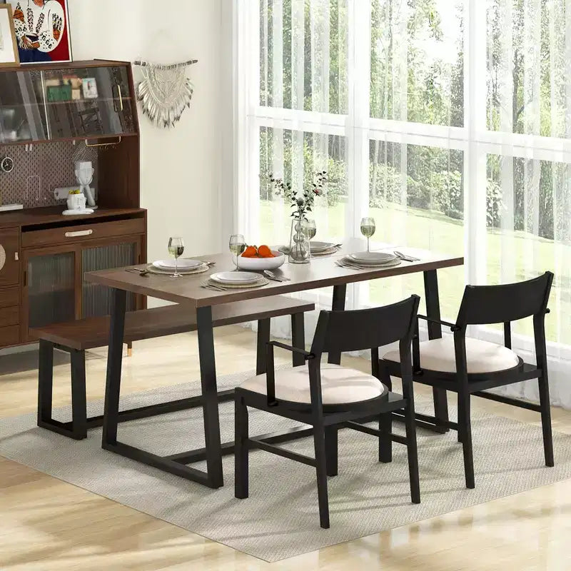 Costway Ensemble de salle à manger 4 pièces Table de cuisine avec 2 fauteuils et 1 banc pour 4 personnes Café/Noir