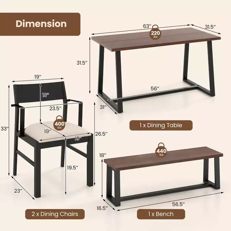 Costway Ensemble de salle à manger 4 pièces Table de cuisine avec 2 fauteuils et 1 banc pour 4 personnes Café/Noir