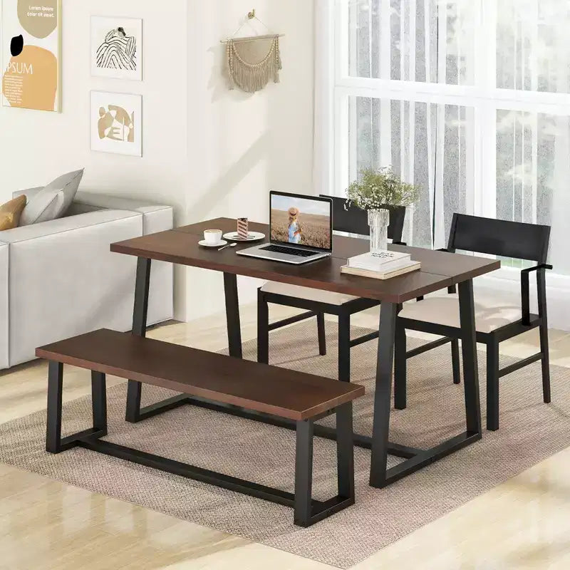 Costway Ensemble de salle à manger 4 pièces Table de cuisine avec 2 fauteuils et 1 banc pour 4 personnes Café/Noir