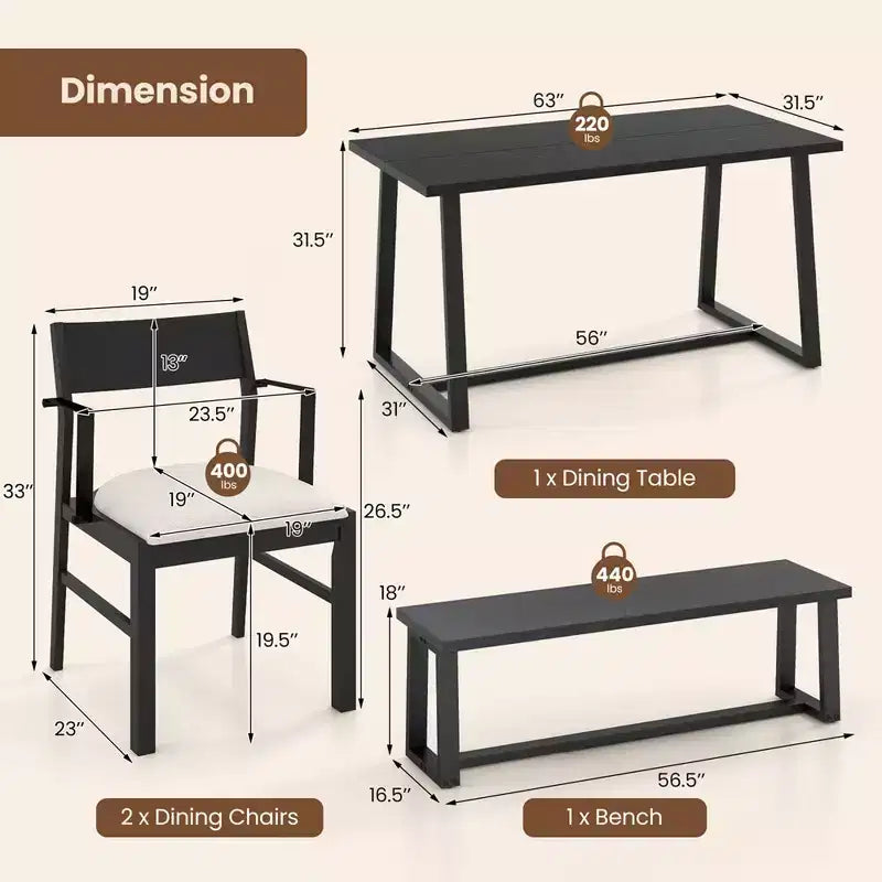 Costway Ensemble de salle à manger 4 pièces Table de cuisine avec 2 fauteuils et 1 banc pour 4 personnes Café/Noir