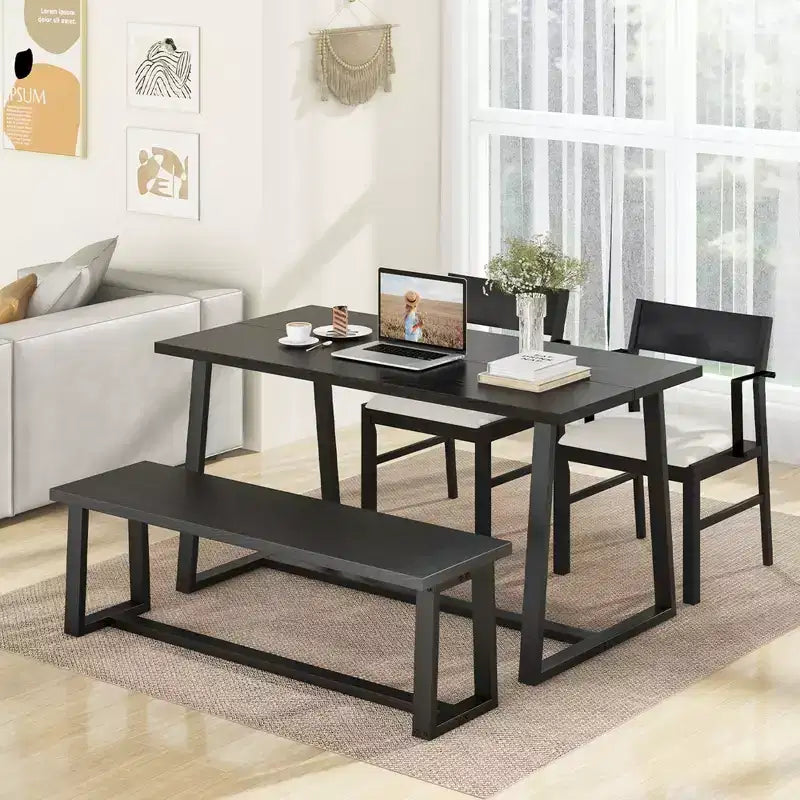 Costway Ensemble de salle à manger 4 pièces Table de cuisine avec 2 fauteuils et 1 banc pour 4 personnes Café/Noir
