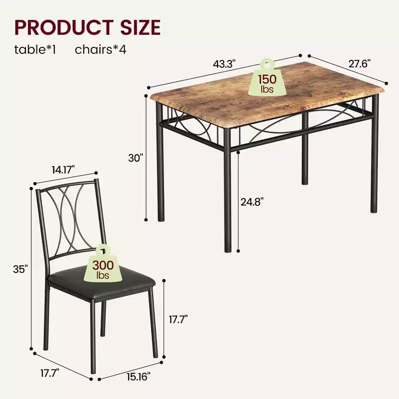 Ensemble table à manger Garvee, ensemble de 4 pièces table et chaises en bois, ensemble de table rectangulaire pour cuisine pour petit espace, appartement, marron rétro