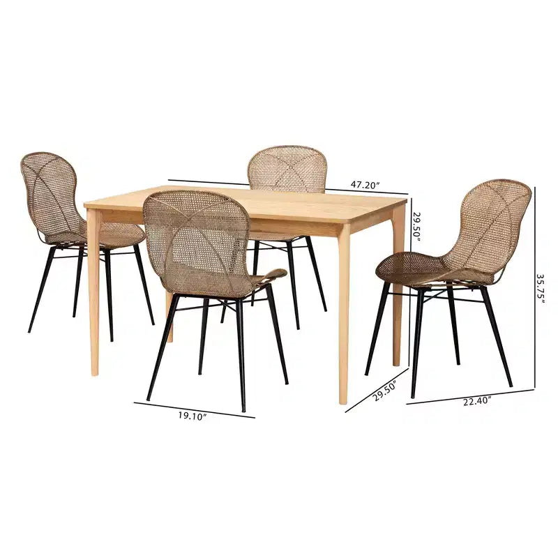 Ensemble de salle à manger 5 pièces Baxton Studio Sabelle en bois et rotin de style Japandi