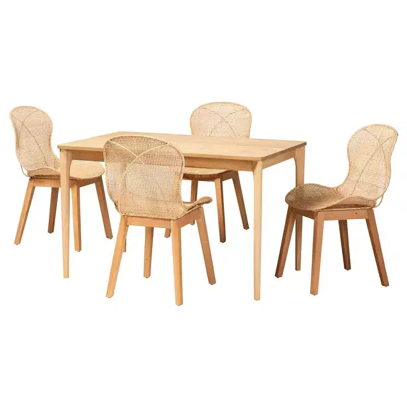 Ensemble de salle à manger 5 pièces Baxton Studio Sabelle en bois et rotin de style Japandi