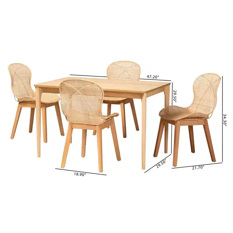 Ensemble de salle à manger 5 pièces Baxton Studio Sabelle en bois et rotin de style Japandi