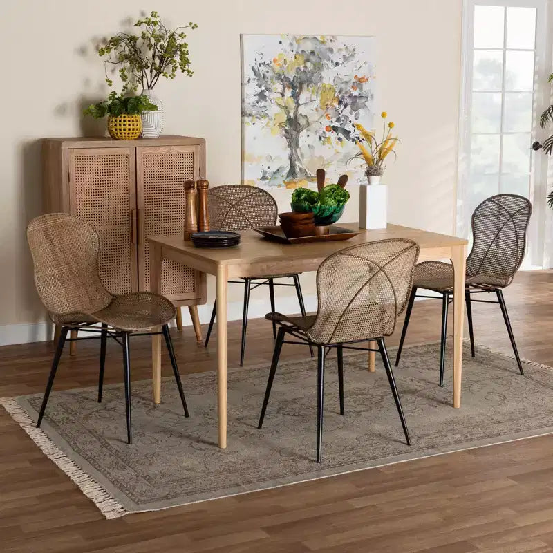 Baxton Studio Sabelle Japandi Wood and Rattan 5-Piece Dining Set