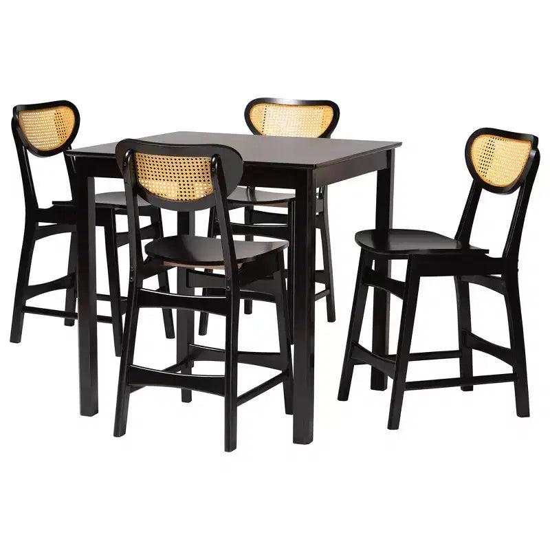 Ensemble de pub 5 pièces Baxton Studio Hesper en bois et rotin de style moderne du milieu du siècle