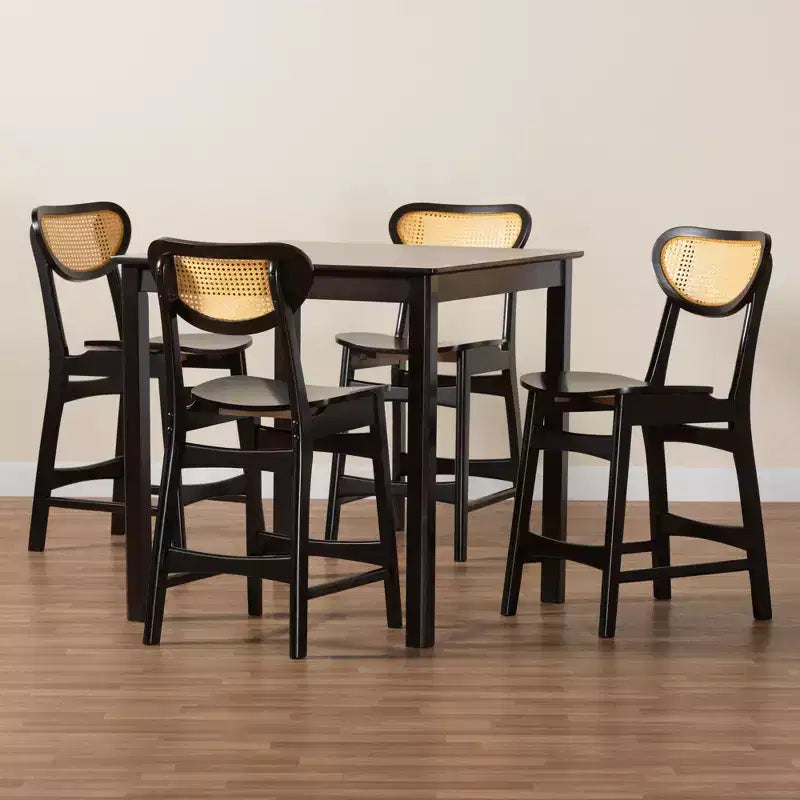 Ensemble de pub 5 pièces Baxton Studio Hesper en bois et rotin de style moderne du milieu du siècle