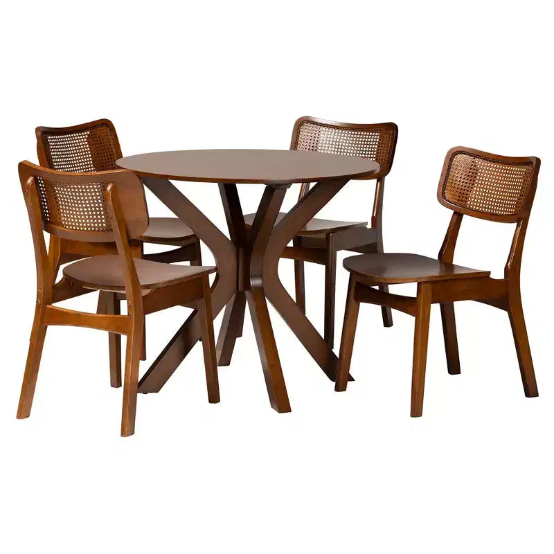 Ensemble de salle à manger 5 pièces Baxton Studio Linnet en bois et rotin de style moderne du milieu du siècle