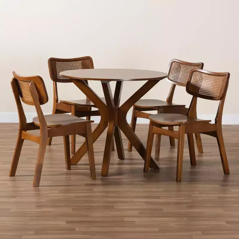 Ensemble de salle à manger 5 pièces Baxton Studio Linnet en bois et rotin de style moderne du milieu du siècle