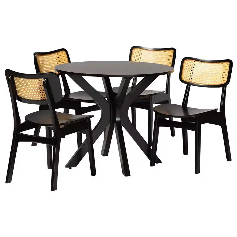 Ensemble de salle à manger 5 pièces Baxton Studio Linnet en bois et rotin de style moderne du milieu du siècle