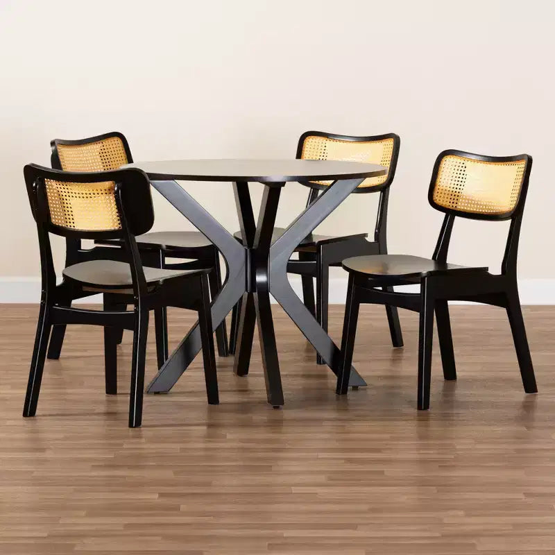 Ensemble de salle à manger 5 pièces Baxton Studio Linnet en bois et rotin de style moderne du milieu du siècle