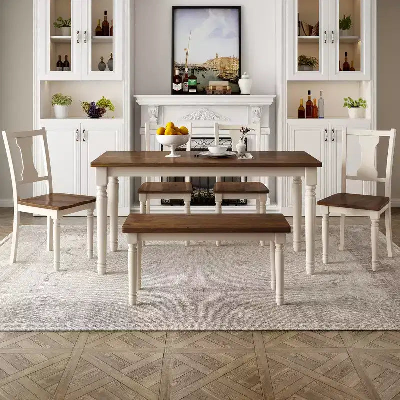 Ensemble de salle à manger rétro 6 pièces avec 1 table à manger en bois, 4 chaises et 1 banc, marron + blanc - ModernLuxe