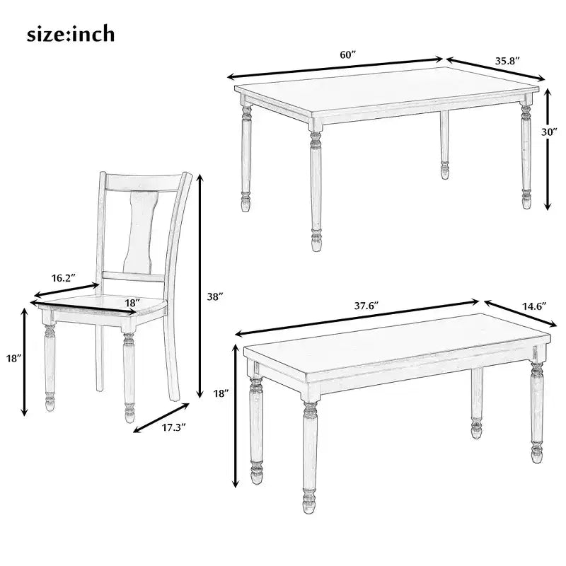 Ensemble de salle à manger rétro 6 pièces avec 1 table à manger en bois, 4 chaises et 1 banc, marron + blanc - ModernLuxe