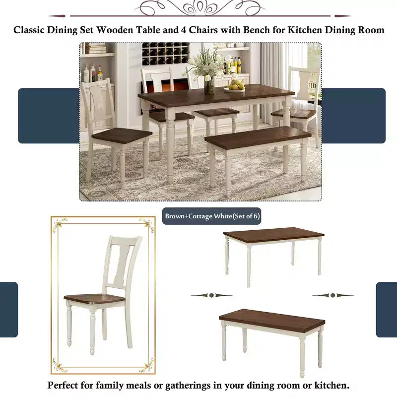 Ensemble de salle à manger rétro 6 pièces avec 1 table à manger en bois, 4 chaises et 1 banc, marron + blanc - ModernLuxe