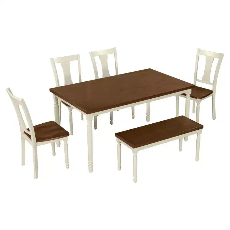 Ensemble de salle à manger rétro 6 pièces avec 1 table à manger en bois, 4 chaises et 1 banc, marron + blanc - ModernLuxe