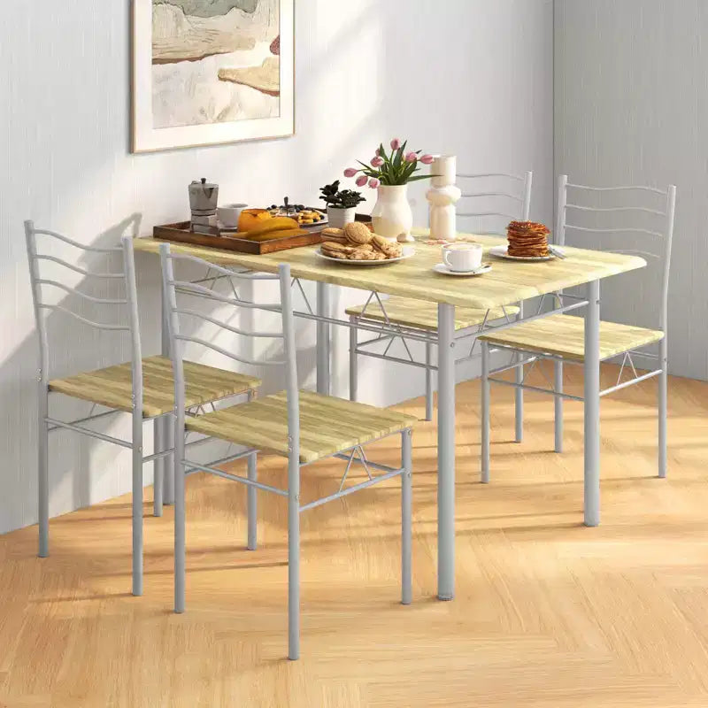 Costway Ensemble table à manger 5 pièces Bois Métal Cuisine Petit Déjeuner Meuble avec 4 chaises Noyer/Naturel