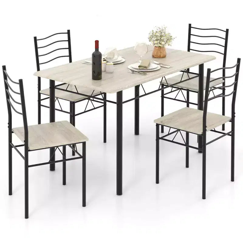 Costway Ensemble table à manger 5 pièces Bois Métal Cuisine Petit Déjeuner Meuble avec 4 chaises Noyer/Naturel