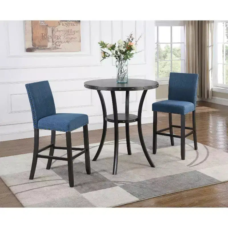 Biony 3-Piece 36 Round Espresso Finish Bar Table with 2 Blue Fabric Nail Head Pub Chairs
