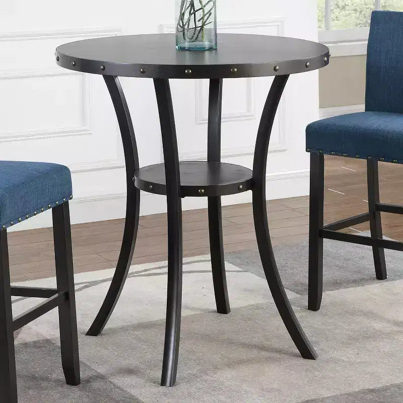 Table de bar ronde Biony 3 pièces 36 po au fini espresso avec 2 chaises de bar à clous en tissu bleu