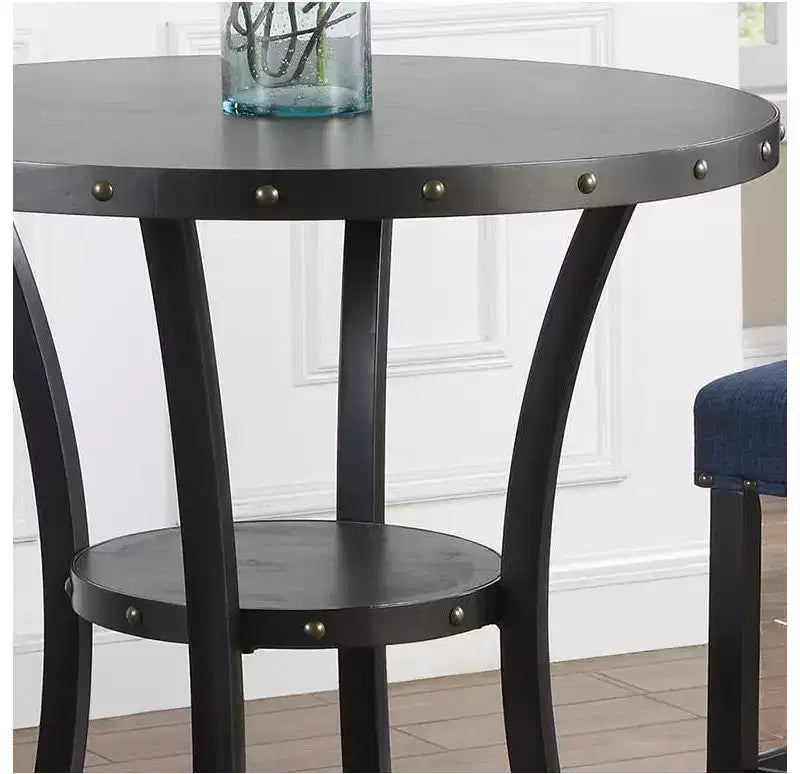 Table de bar ronde Biony 3 pièces 36 po au fini espresso avec 2 chaises de bar à clous en tissu bleu