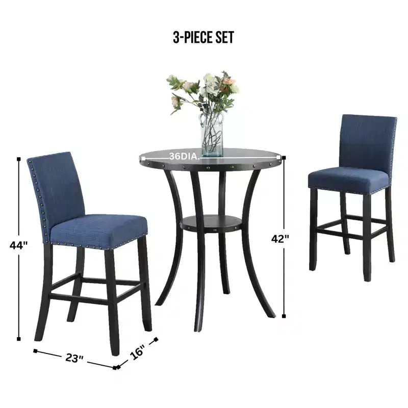 Table de bar ronde Biony 3 pièces 36 po au fini espresso avec 2 chaises de bar à clous en tissu bleu