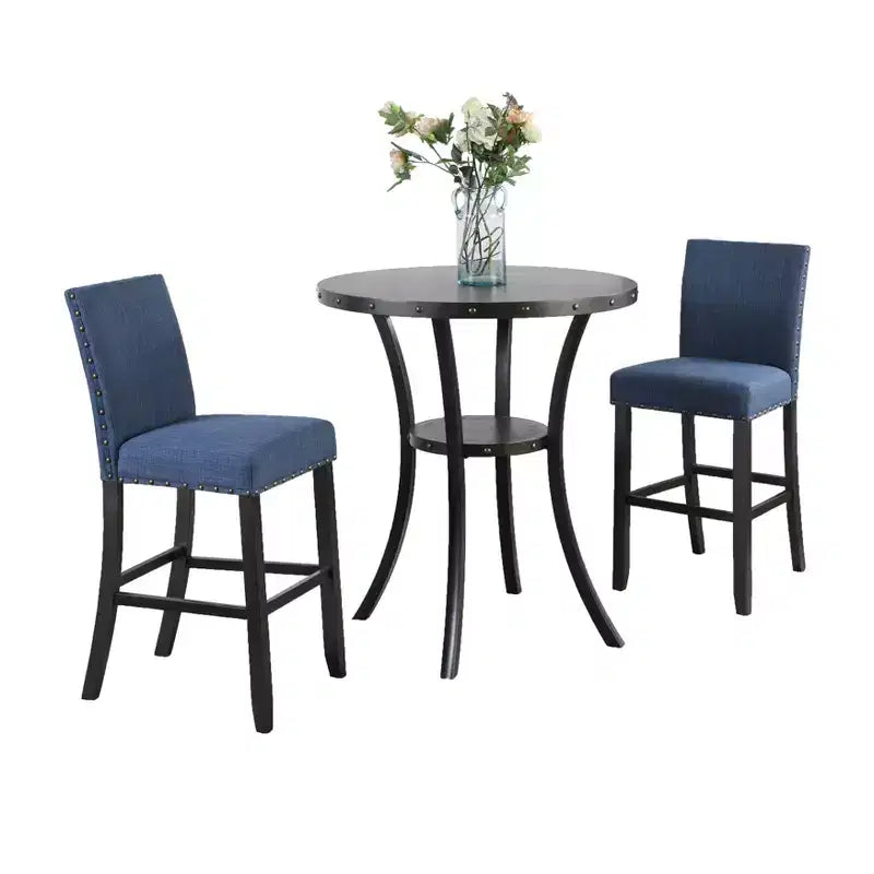 Table de bar ronde Biony 3 pièces 36 po au fini espresso avec 2 chaises de bar à clous en tissu bleu