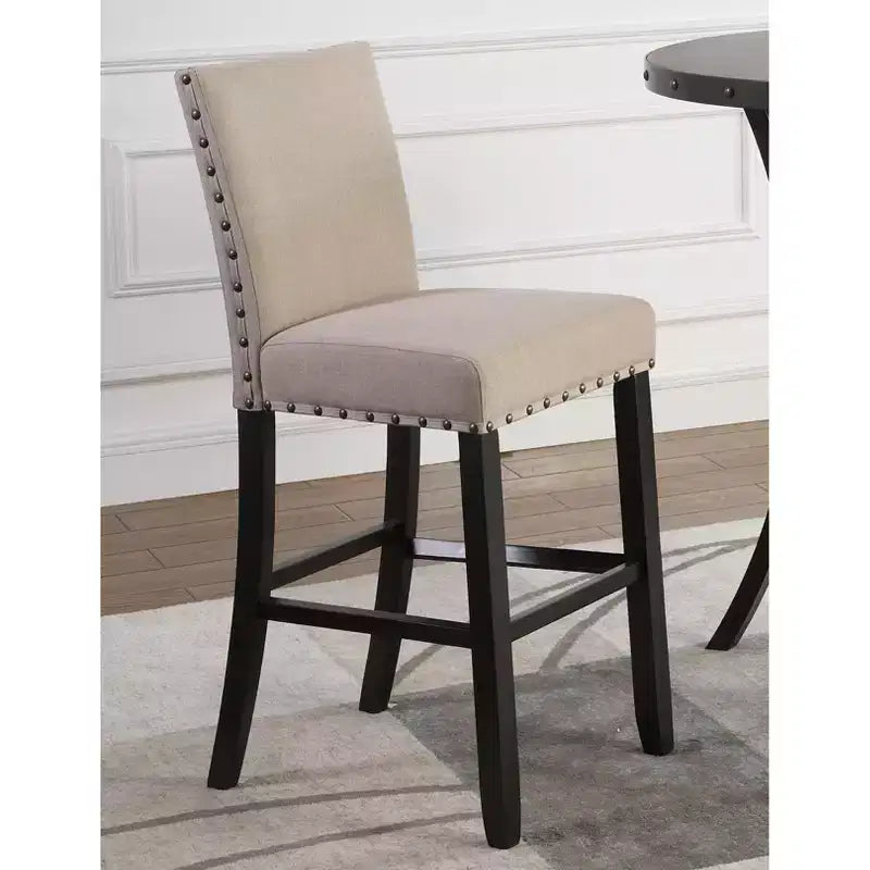 Table de bar ronde Biony 3 pièces 36 po au fini espresso avec 2 tabourets de pub en tissu beige clouté