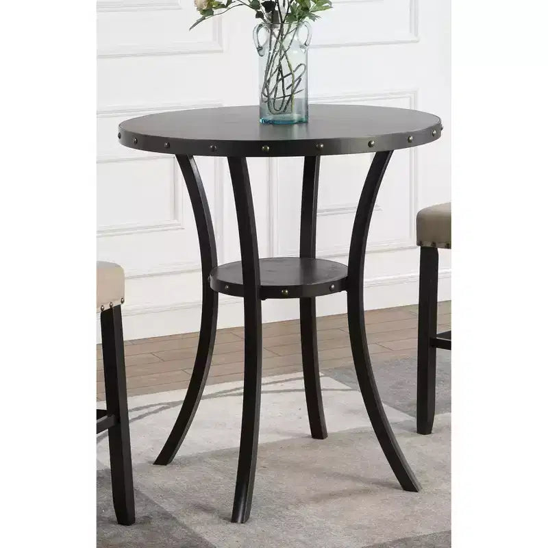 Table de bar ronde Biony 3 pièces 36 po au fini espresso avec 2 tabourets de pub en tissu beige clouté