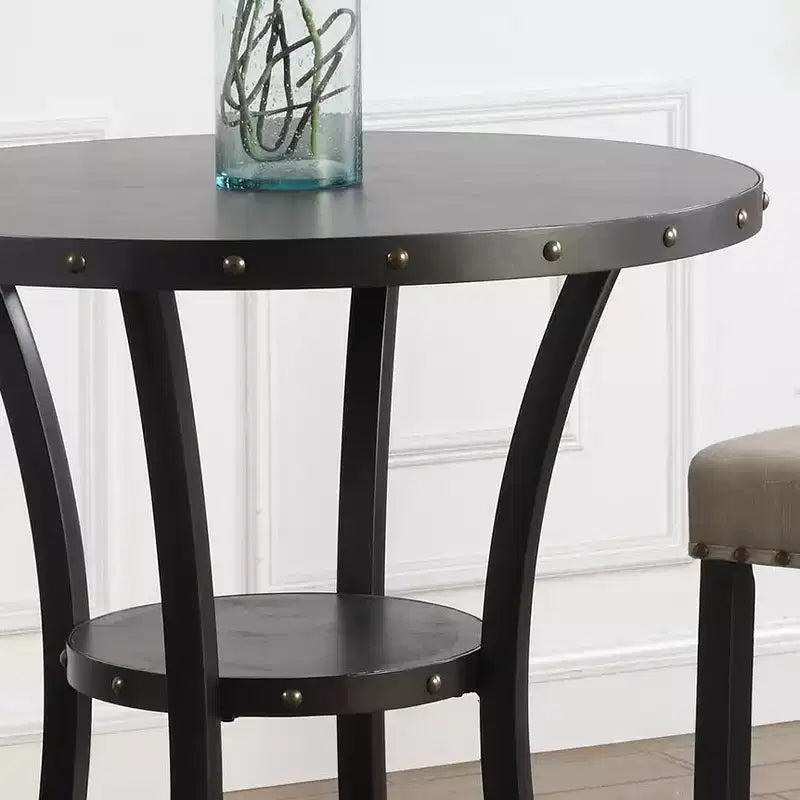 Table de bar ronde Biony 3 pièces 36 po au fini espresso avec 2 tabourets de pub en tissu beige clouté