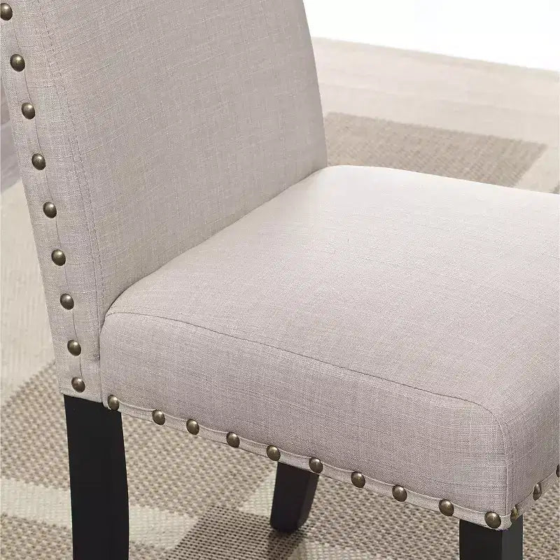 Table de bar ronde Biony 3 pièces 36 po au fini espresso avec 2 tabourets de pub en tissu beige clouté