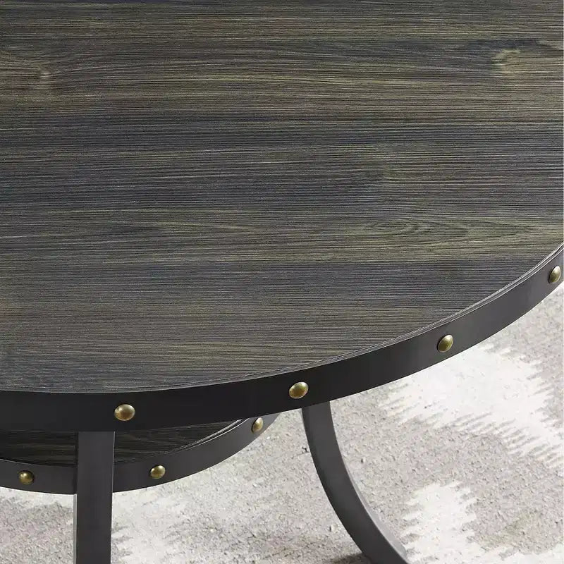 Table de bar ronde Biony 3 pièces 36 po au fini espresso avec 2 tabourets de pub en tissu beige clouté