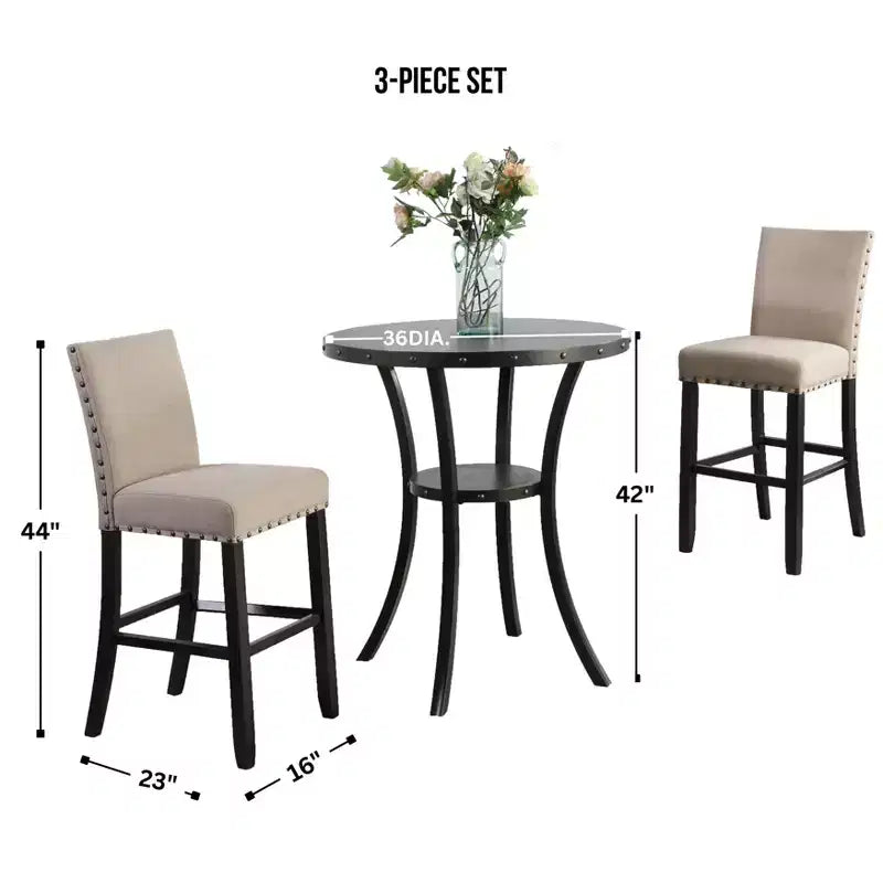 Table de bar ronde Biony 3 pièces 36 po au fini espresso avec 2 tabourets de pub en tissu beige clouté